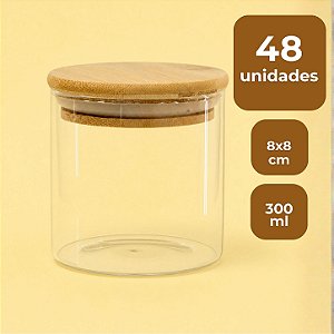 Pote de Vidro Hermético com Tampa de Bambu - 8x8cm - 300ml - 48 unidades - Rizzo