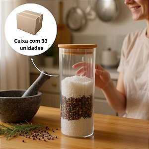 Pote de Vidro Hermético com Tampa de Bambu - 6,5x15cm - 375ml - 36 unidades - Rizzo