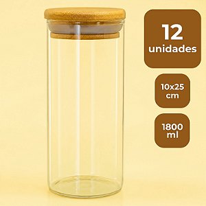 Pote de Vidro Hermético com Tampa de Bambu - 10x25cm - 1800ml - 12 unidades - Rizzo