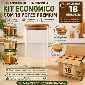 Pote de Vidro Hermético com Tampa de Bambu - 10x20cm - 1400ml - 18 unidades - Rizzo