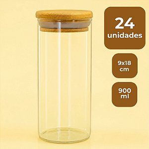 Pote de Vidro Hermético com Tampa de Bambu - 9x18cm - 900ml - 24 unidades - Rizzo