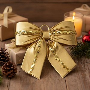 Laço Lamê Dourado Brilhante e Galão M - 24x27x6cm - 1 unidade - Rizzo
