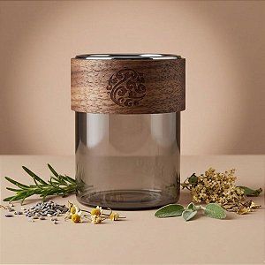 Pote de Vidro para Vela Cinza Cromado com detalhe em Madeira - 6,5x8,5cm - 220ml - 200 unidades - Rizzo Import