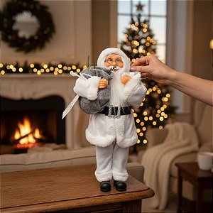Papai Noel Decorativo em Pé com Saco e Presente Embrulhado - Branco  - 60cm - 1 unidade - Rizzo