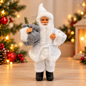 Papai Noel Decorativo em Pé com Saco e Presente Embrulhado - Branco - 20cm - 1 unidade - Rizzo