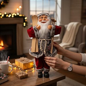 Papai Noel Decorativo em Pé com Equipamento de Ski - Vermelho e Branco  - 45cm - 1 unidade - Rizzo