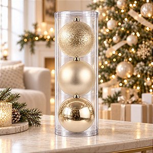 Bolas de Natal em Tubo - Champagne Lisa, Matte e Glitter - 12cm - 4 unidades - Cromus - Rizzo