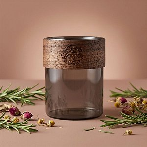 Pote de Vidro para Vela Cinza Cromado com detalhe em Madeira - 6,5x6cm - 175ml - 200 unidades - Rizzo Import