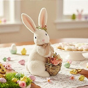 Enfeite decorativo de Páscoa - Coelho com Cesta de Flores - 32x20x13cm - 1 unidade - Cromus - Rizzo