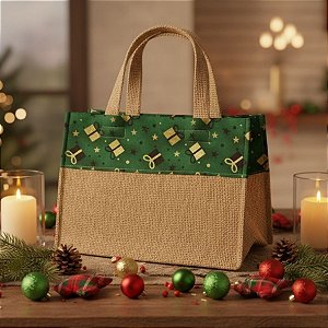 Sacola de Juta de Natal - Verde Presentes - 27x16x17cm - 1 unidade - EcoArt - Rizzo
