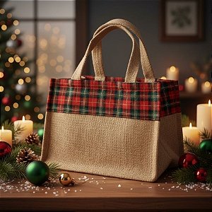 Sacola de Juta de Natal - Vermelho Xadrez - 27x16x17cm - 1 unidade - EcoArt - Rizzo