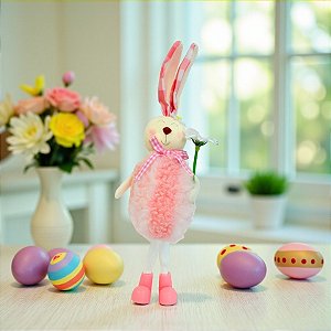 Enfeite Decorativo de Páscoa - Coelho Rosa com Flor - 6x23x6cm - 1 unidade - Rizzo