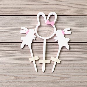 Pick Decorativo de Páscoa - Coelho Branco com Laço Rosa - 6,5x20cm - 3 unidades - Rizzo