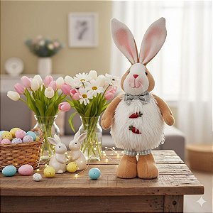 Enfeite Decorativo de Páscoa Coelho Peludo com Cenouras - 46cm - 1 unidade - Rizzo