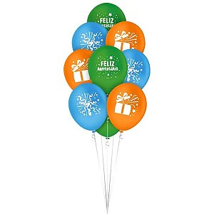 Balão de Festa Decorado 9" 23cm Redono - Feliz Aniversário - 25 unidades - Regina - Rizzo