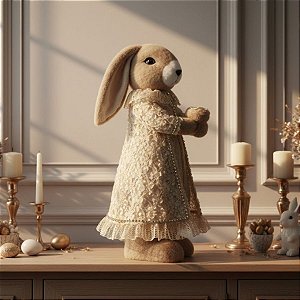 Enfeite Decorativo de Páscoa - Coelho em Pé com Roupa Rendada Bege com Strass - Linha Realeza Premium - 48x17x22cm - 1 u