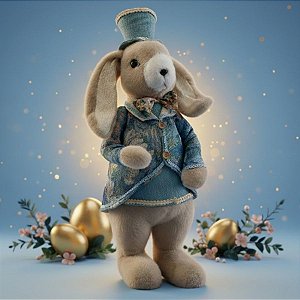 Enfeite Decorativo de Páscoa - Coelho em Pé com Terno Bordado Azul - Linha Realeza Premium - 56x18x22cm - 1 unidade - Ri