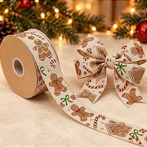 Fita Aramada Decorada de Natal - GingerBread e Candy Cane - 6,3cm x 2,74m - 1 unidade - Rizzo