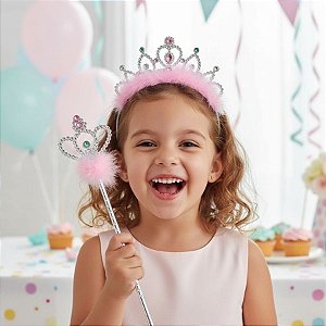 Tiara Coroa com Pluma e Varinha - Rosa Claro  - 1 unidade - Make Mais - Rizzo
