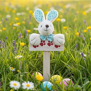 Mini Placa Patinhas Coelho de Páscoa com Laço Azul de Bolinhas - 18,5cm - 1 unidade - Cromus - Rizzo