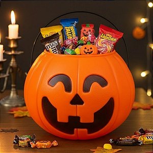 Baldinho de Halloween com Alça - Abóbora Laranja Neon - 13,5x17,5cm - 1 unidade - Rizzo