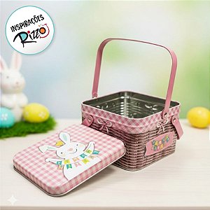 Lata de Metal Retangular com Alça Dupla de Páscoa - Coelho Branco com Faixa de Páscoa - 15,3x12,7x10,6cm - 1 unidade - R