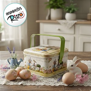 Lata de Metal Retangular com Alça de Páscoa - Coelha com Cesta de Ovos - 10,5x8x6cm - 1 unidade - Rizzo - Rizzo