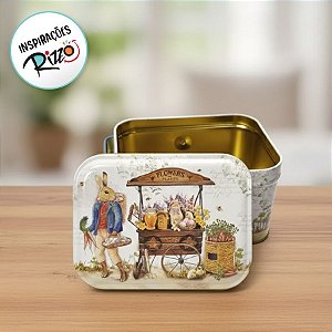 Lata de Metal Retangular com Alça de Páscoa - Coelho e Carrinho de Flores - 10,5x8x6cm - 1 unidade - Rizzo - Rizzo