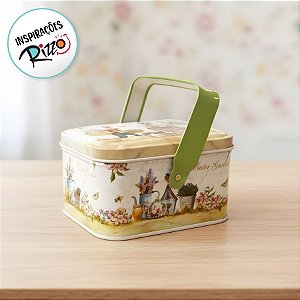 Lata de Metal Retangular com Alça de Páscoa - Coelho em Jardim de Páscoa - 10,5x8x6cm - 1 unidade - Rizzo - Rizzo
