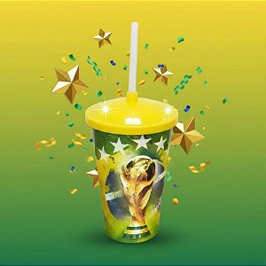 Copo com Tampa e Canudo - Brasil Copa do Mundo Amarelo - 700ml - 1 unidade - Rizzo