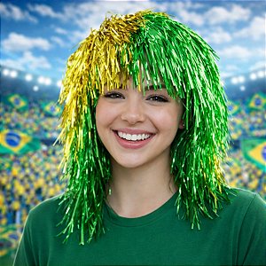 Peruca Brasil - Tinsel Dourado e Verde - Copa do Mundo - 1 unidade - Rizzo