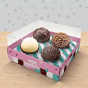 Caixa Para 4 Doces com Tampa Cristal - Doçura Rosa - 9x9x4,5cm - 5 unidades - Regina - Rizzo