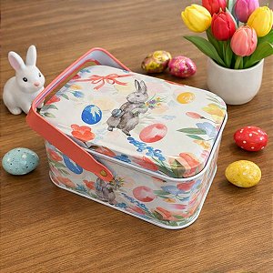 Lata de Metal Retangular com Alça de Páscoa - Coelho Cinza e Ovos Coloridos - 10,5x8x6cm - 1 unidade - Rizzo
