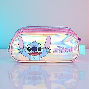 Estojo Triplo com Zíper - Stitch - Rosa Holográfico - Disney Original - 1 unidade - Rizzo