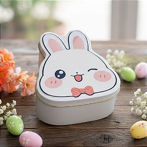 Lata de Metal de Páscoa - Coelhinho Branco de Gravata - 15x13x8cm - 1 unidade - Cromus - Rizzo