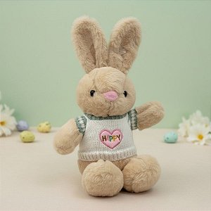Coelho de Pelúcia Bege com Blusa Happy - Branco e Verde - 38,5x24x14cm - 1 unidade - Rizzo