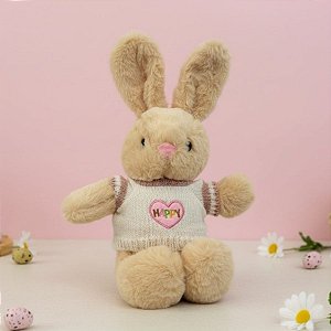 Coelho de Pelúcia Bege com Blusa Happy - Branco e Rosa - 38,5x24x14cm - 1 unidade - Rizzo