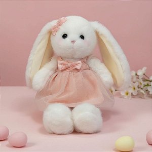 Coelho de Pelúcia Branco de Vestido - Rosa - 36x21x9cm - 1 unidade - Rizzo