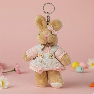 Chaveiro Coelho de Pelúcia Bege de Vestido Xadrez - Rosa - 14x7x3cm - 1 unidade - Rizzo
