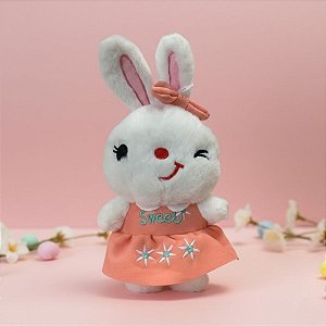 Coelho de Pelúcia Branco de Vestido Sweet - Rosa - 26,5x13x7,5cm - 1 unidade - Rizzo