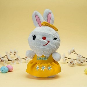 Coelho de Pelúcia Branco de Vestido Sweet - Amarelo - 26,5x13x7,5cm - 1 unidade - Rizzo