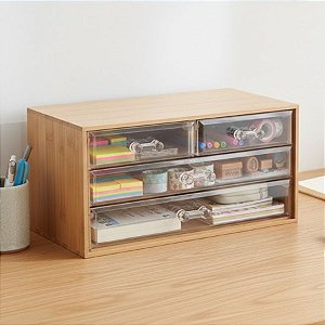 Mini Gaveteiro de Mesa 4 Gavetas - Bambu e Acrílico - 23x15x10cm - 1 unidade - Cromus - Rizzo