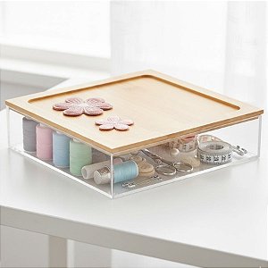Caixa Acrílica com Tampa de Bambu - 19x19x5cm - 1 unidade - Cromus - Rizzo
