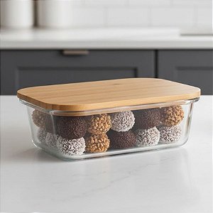 Pote de Vidro Borosilicato Hermético com Tampa de Bambu - 15x11x5cm - 420ml - 1 unidade - Cromus - Rizzo
