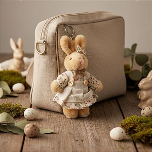 Chaveiro Coelho de Pelúcia Bege de Vestido - Flores - 14x7x3cm - 1 unidade - Rizzo