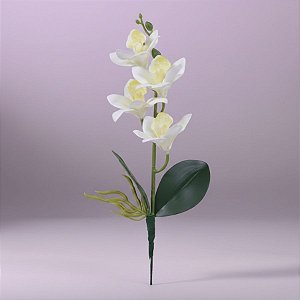 Haste Flor Permanente - Orquídea Cymbidium com Folha - Branco e Amarelo - 36cm  - 1 unidade - Cromus - Rizzo