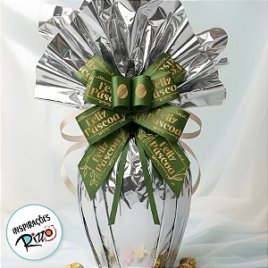 Laço Fácil de Fita de Cetim - Feliz Páscoa Gold Verde - ELRC005H Cor 008 - 22mm - 5 unidades - Fitas Progresso - Rizzo