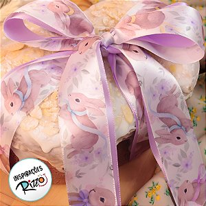 Fita de Cetim 38mm x 10m - Coelhos com Laços Xadrez Lilás - ECF009TR Cor 072 - Rolo 10m - 1 unidade - Fitas Progresso -
