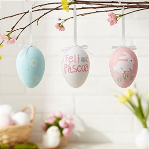 Ovo de Páscoa Decorativo para Pendurar - Rosa, Azul e Branco - 6x4x4cm - 9 unidades - Rizzo