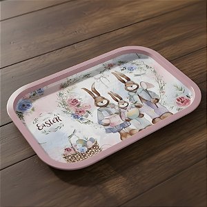 Bandeja Decorativa de Páscoa - Familia Coelho - Rosa - 37x25,5cm - 1 unidade - Rizzo